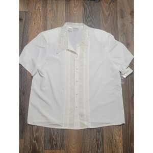 Liz Baker Essentials White Lace Pearl Collar Pintuck Blouse Short Sleeve Size 18